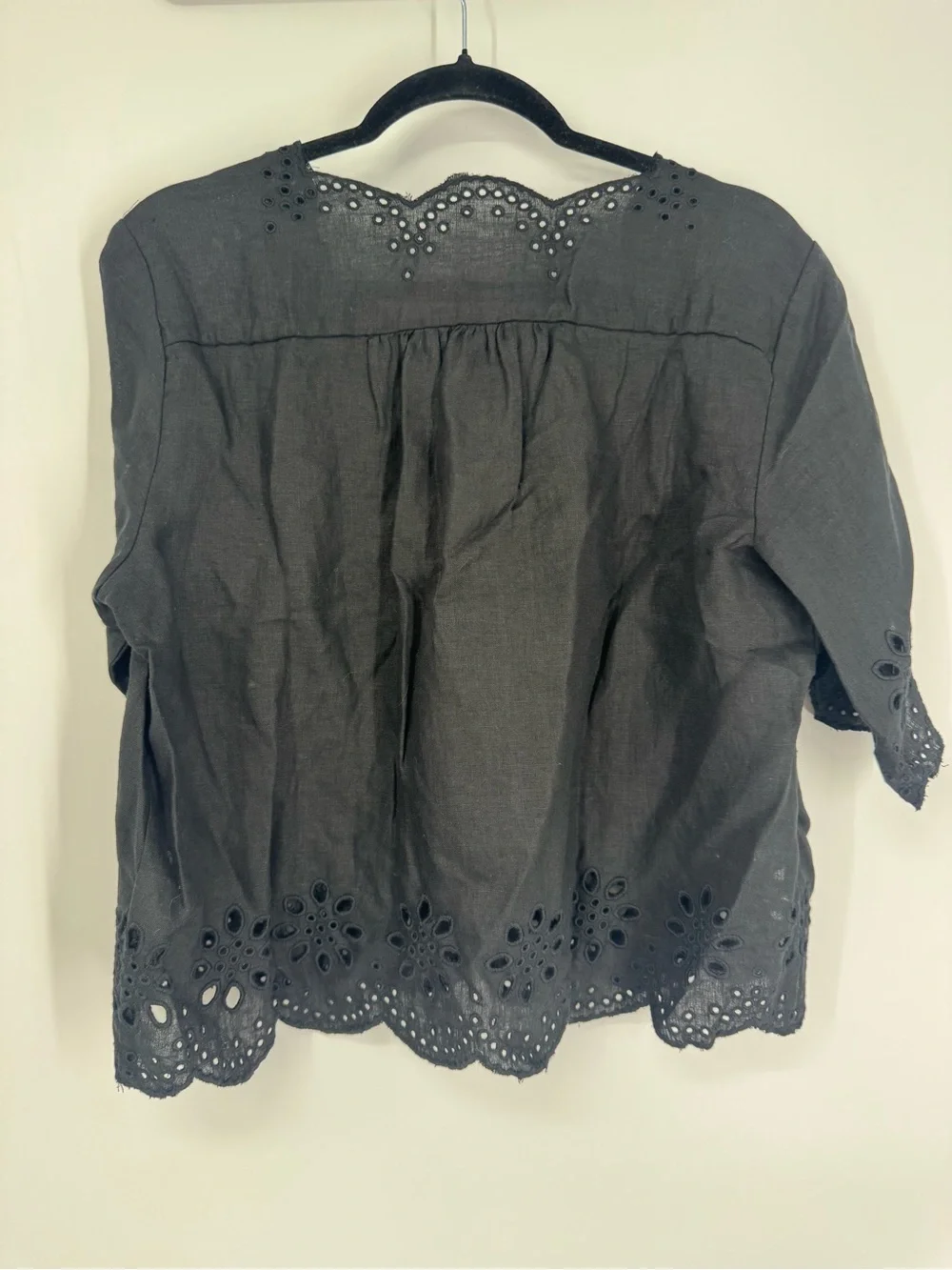 NEW J. Crew Embroidered Eyelet Top Black Linen Scalloped Trim Loose Size M